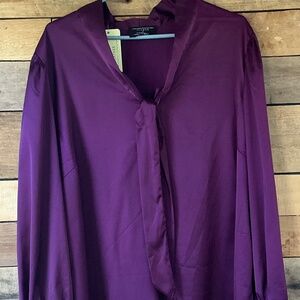 Flower &‎ Feather 2XL Purple Satin Long Sleeve Blouse Pullover Tie Neck NEW